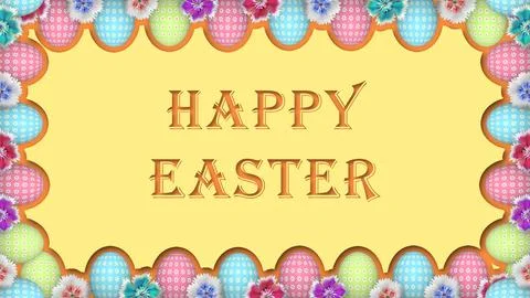Happy easter text with shadow effect and decorated frame with different bea.. Stock Illustration