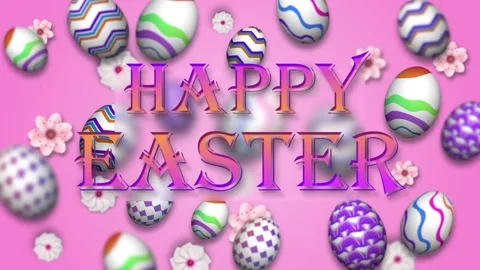 Happy easter text shines brightly among falling painted eggs and pink bloom Video stock 331129610