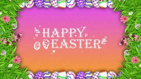 Happy easter text shines inside colorful borders of grass and painted eggs Stock Footage 331129606