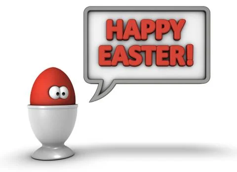 Happy easter text in speech bubble and cartoon egg in cup - 3d rendering Illustrazione stock