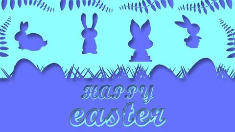 Happy easter text on unique purple and blue background with movie four bunn.. Illustrazione stock