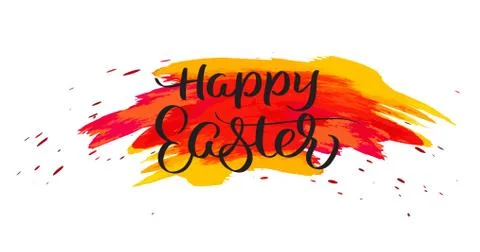 Happy Easter text on watercolor red blots. Hand drawn Calligraphy lettering Stock Illustration