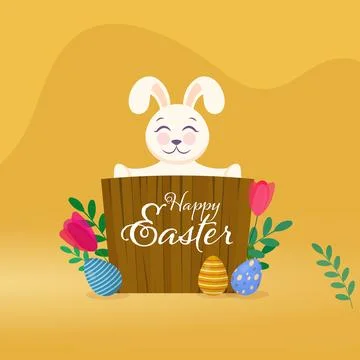 Happy Easter Text Wooden Board Holding Cute Bunny with Eggs and Flower Illu.. Stock Illustration