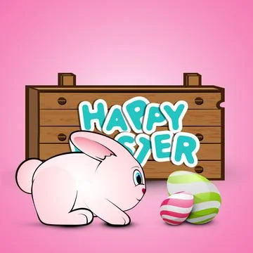 Happy Easter Text Wooden Board with Cute Bunny and Painted Eggs Illustration. Stock Illustration