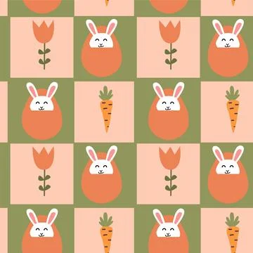 Happy easter themed pattern with cute bunny, carrot, and tulip motifs for 스톡 일러스트