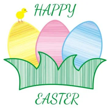 Happy easter with three coloured eggs on grass with small chicken Stock-Illustration