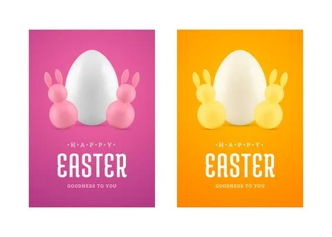 Happy Easter tiny bunny tumbler chicken egg 3d greeting card set design templ Stock Illustration