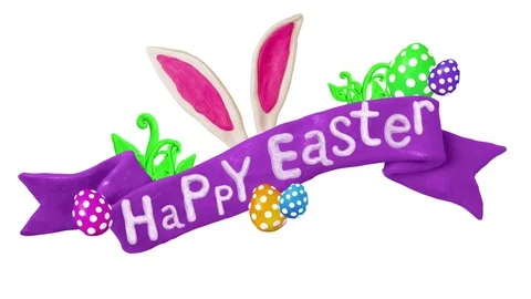 Happy Easter title in Clay. Rabbit and eggs. Alpha matte. 4K Video stock 72731645