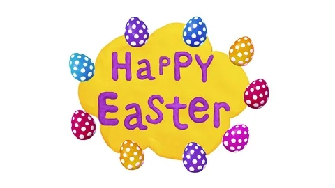 Happy Easter title in Clay. Title plate and eggs. Alpha matte. 4K Video stock 72792550