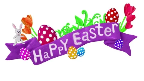 Happy Easter title in Clay. Tulip, eggs, rabbit, Easter cake. Alpha matte. 4K 스톡 동영상 72725162