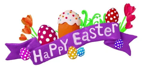 Happy Easter title in Clay. Tulip, eggs, Easter cake. Alpha matte. 4K Stock Footage 72725164