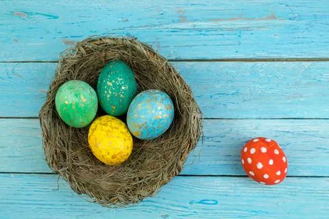 Happy Easter. Top view nest with Painted eggs on wooden table. Copy space f.. Foto stock