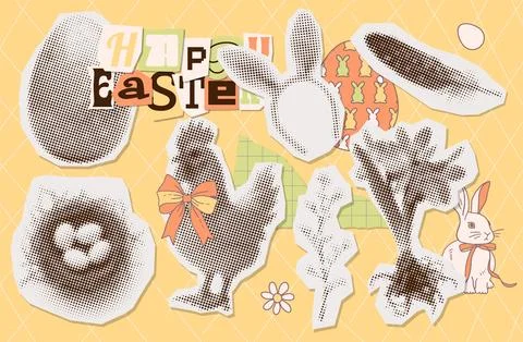 Happy Easter torn out paper stickers set with halftone nest with eggs, rabbit Illustrazione stock