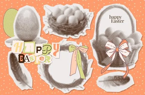 Happy Easter torn out paper stickers set with halftone nest with eggs, rabbit 库存插图