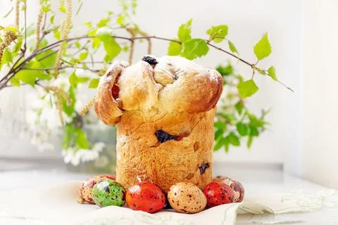 Happy easter. Traditional Easter cake , homemade kraffin with raisins,candied Stock Photos