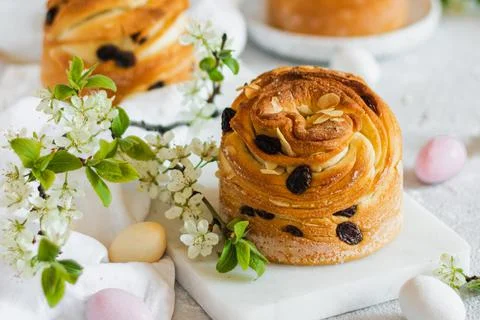 Happy easter. Traditional Easter cake , homemade kraffin with raisins,candied Stock Photos