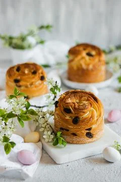 Happy easter. Traditional Easter cake , homemade kraffin with raisins,candied Stock Photos