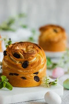 Happy easter. Traditional Easter cake , homemade kraffin with raisins,candied Stock Photos
