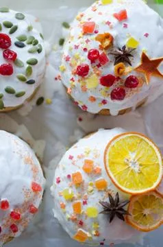 Happy Easter, traditional Russian easter cake Kulich on a white background, d Stock Photos