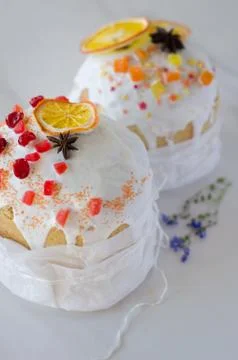 Happy Easter, traditional Russian easter cake Kulich on a white background, d Stock Photos