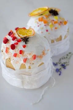 Happy Easter, traditional Russian easter cake Kulich on a white background, d Stock Photos