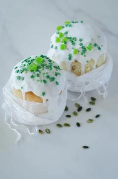 Happy Easter, traditional Russian easter cake Kulich on a white background, d Stock Photos