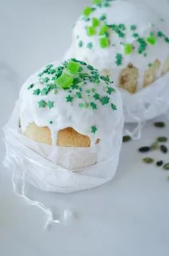 Happy Easter, traditional Russian easter cake Kulich on a white background, d Stock Photos