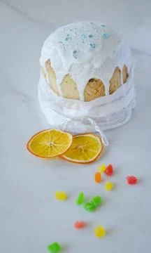 Happy Easter, traditional Russian easter cake Kulich on a white background, d Stock Photos