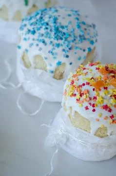 Happy Easter, traditional Russian easter cake Kulich on a white background, d Stock Photos