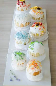 Happy Easter, traditional Russian easter cake Kulich on a white background, d Stock Photos