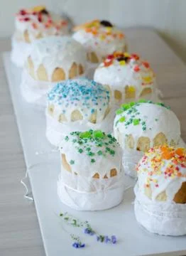 Happy Easter, traditional Russian easter cake Kulich on a white background, d Stock Photos