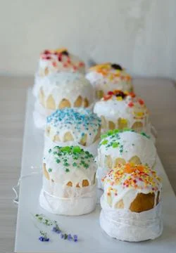 Happy Easter, traditional Russian easter cake Kulich on a white background, d Stock Photos