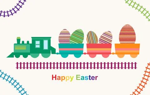 Happy Easter train carrying Easter eggs, vector Stock Illustration
