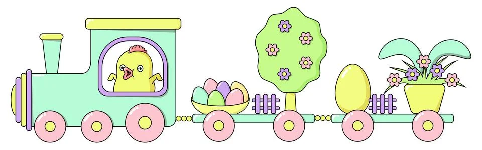 Happy Easter train with a cute chicken, a spring tree in flowers, painted bri Stock Illustration