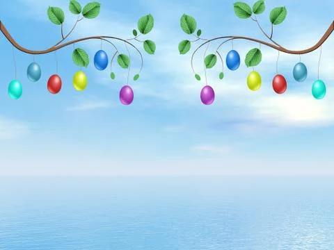 Happy Easter tree branches with colorful eggs - 3D render Stock Illustration