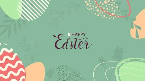 Happy easter. Trendy Easter design with drawn strokes and dots, eggs, plants in Stock Illustration