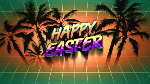 Happy Easter with tropical palms and grid pattern in 80s style Stock Footage 171301484