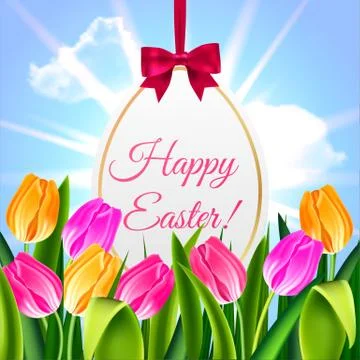 Happy Easter tulips egg and text on spring blue sky background vector Stock Illustration