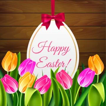 Happy Easter tulips egg and text on wooden background vector illustration for Stock Illustration