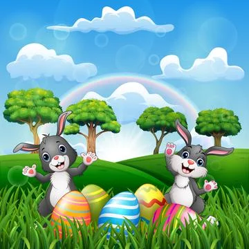 Happy easter with two bunnies on the nature Stock Illustration