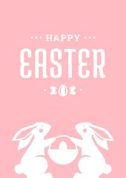 Happy Easter two bunny with basket chicken egg Christianity holiday present v Stock Illustration