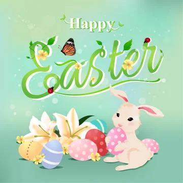 Happy Easter typographical background with bunny rabbit. Ilustración de archivo