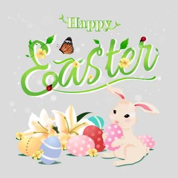 Happy Easter typographical background with bunny rabbit, isolated version. Ilustración de archivo