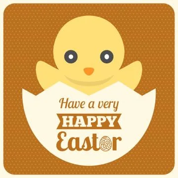 Happy Easter typographical background with cute chicken, flat design Stock Illustration