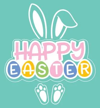 Happy Easter Typography with Bunny Ears and Eggs on Mint Background - Vector Des Stock Illustration