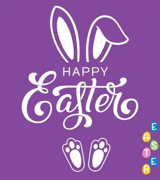 Happy Easter Typography with Bunny Ears on Purple Background - Elegant Vector De Stock Illustration