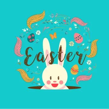 Happy easter, typography, bunny, egg, spring, vector illustration. Stock Illustration