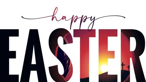 Happy Easter typography tomb and Calvary with three cross Stock Illustration