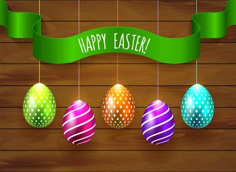Happy Easter Vector background with colored eggs on wooden backdrop with ribbon Stock Illustration