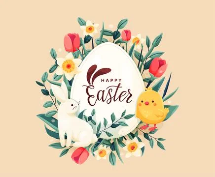 Happy Easter vector background. Greeting card with spring flowers, easter egg Stock Illustration